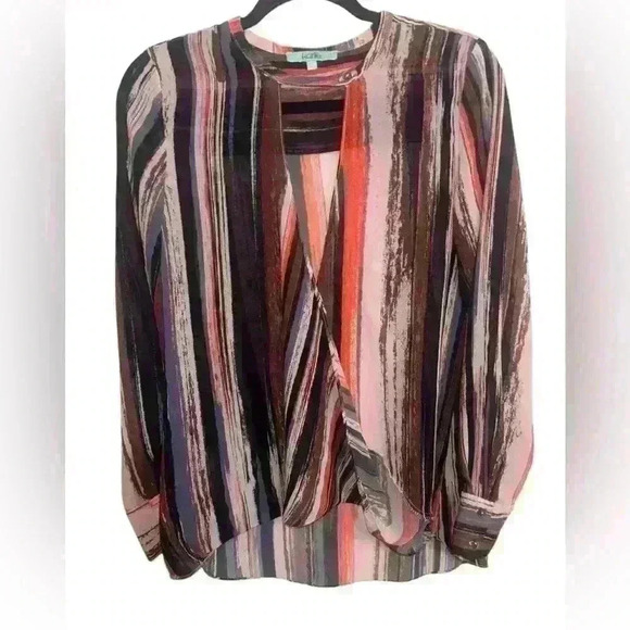 Karlie Front Faux Wrap Striped Career Sheer Top Size Medium - Picture 2 of 5